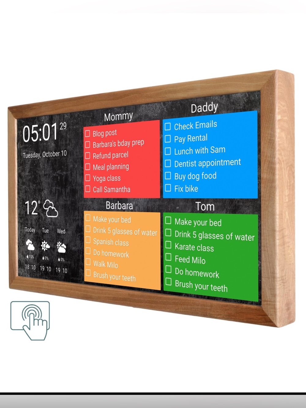DAKboard touchscreen digital family calendar planner 24 inch with wooden frame